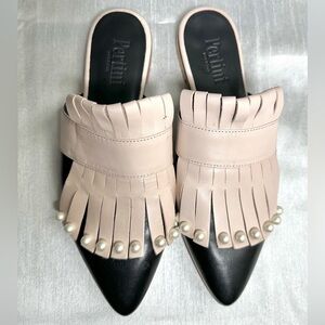Perlini Black and Cream Mules with Pearl Detail